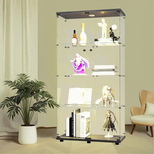 Lighted Two Door Glass Cabinet Glass Display Cabinet with 4 Shelves, Black
