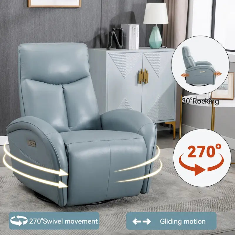 Fauteuil inclinable, pivotant et berçant motorisé en cuir bleu, 1 place