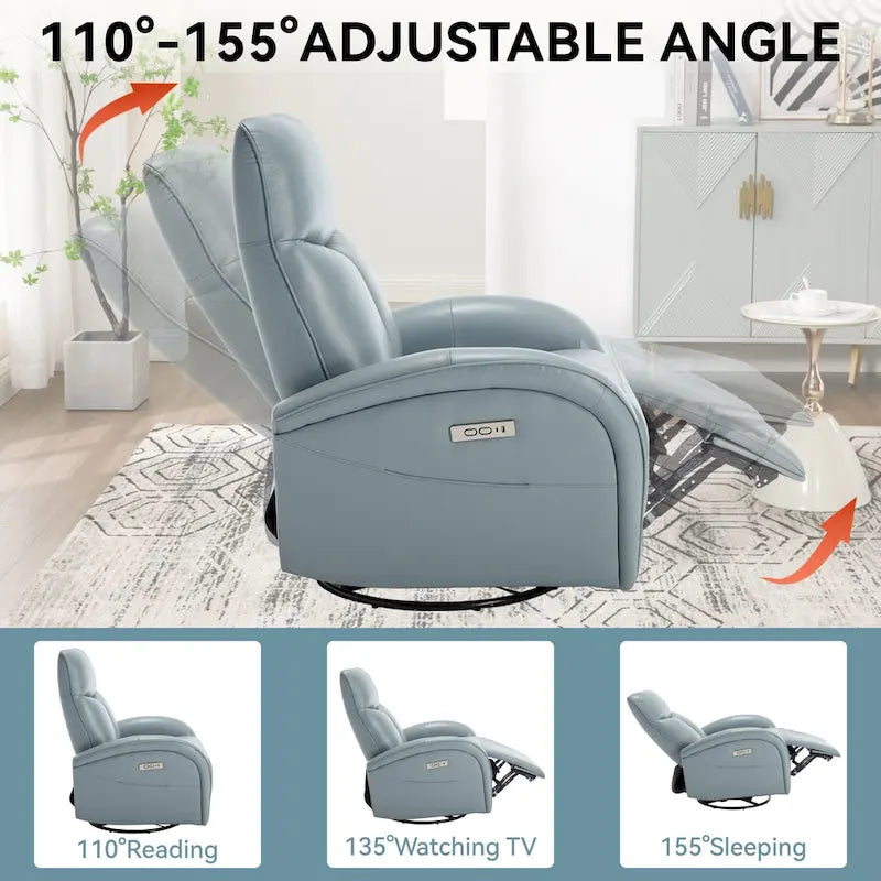Fauteuil inclinable, pivotant et berçant motorisé en cuir bleu, 1 place
