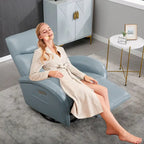 Fauteuil inclinable, pivotant et berçant motorisé en cuir bleu, 1 place