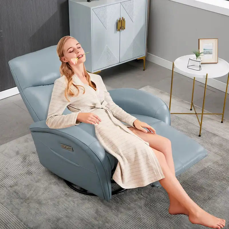 Fauteuil inclinable, pivotant et berçant motorisé en cuir bleu, 1 place