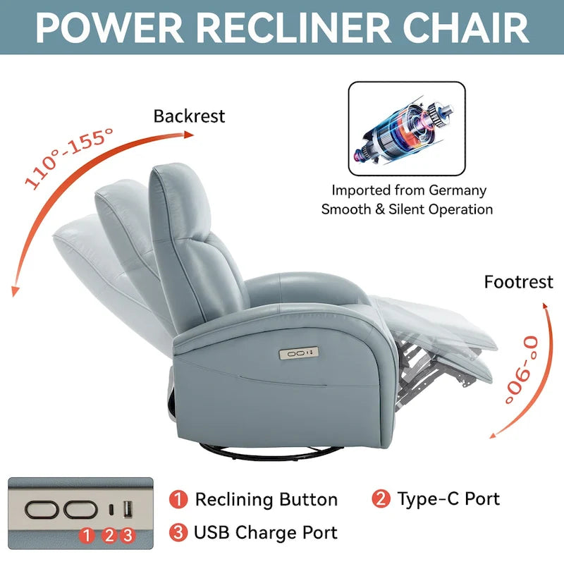Fauteuil inclinable, pivotant et berçant motorisé en cuir bleu, 1 place