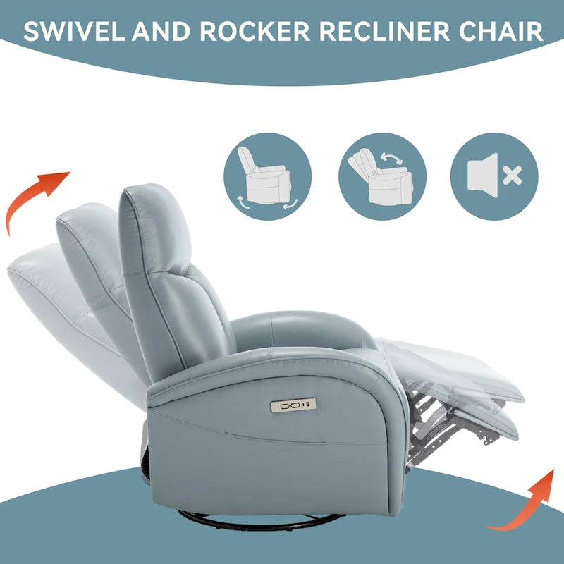 Fauteuil inclinable, pivotant et berçant motorisé en cuir bleu, 1 place