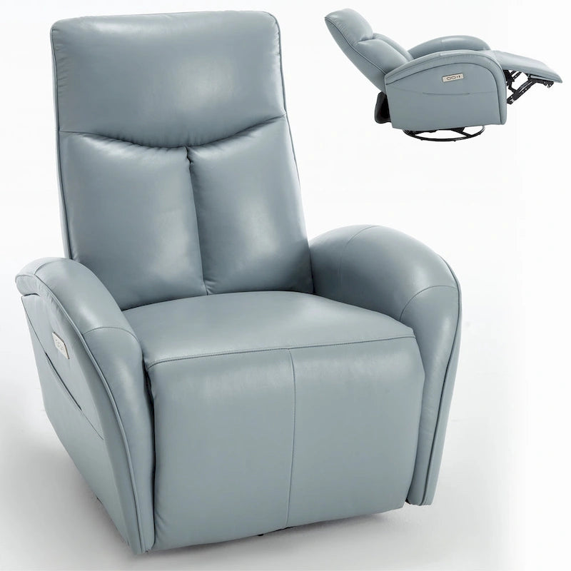 Fauteuil inclinable, pivotant et berçant motorisé en cuir bleu, 1 place