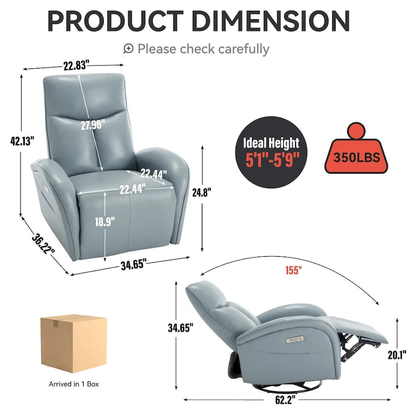 Fauteuil inclinable, pivotant et berçant motorisé en cuir bleu, 1 place