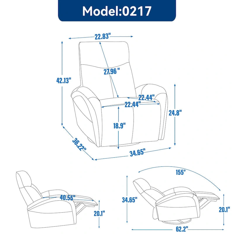 Fauteuil inclinable, pivotant et berçant motorisé en cuir bleu, 1 place