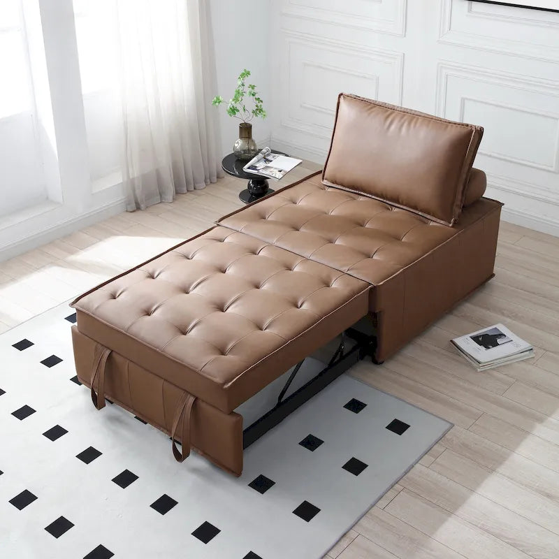 Canapé-lit ottoman 3-en-1 en similicuir marron/gris foncé, une place