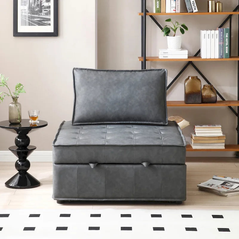 Canapé-lit ottoman 3-en-1 en similicuir marron/gris foncé, une place