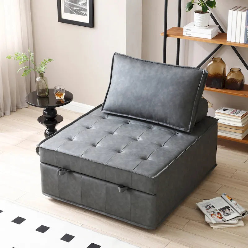 Canapé-lit ottoman 3-en-1 en similicuir marron/gris foncé, une place