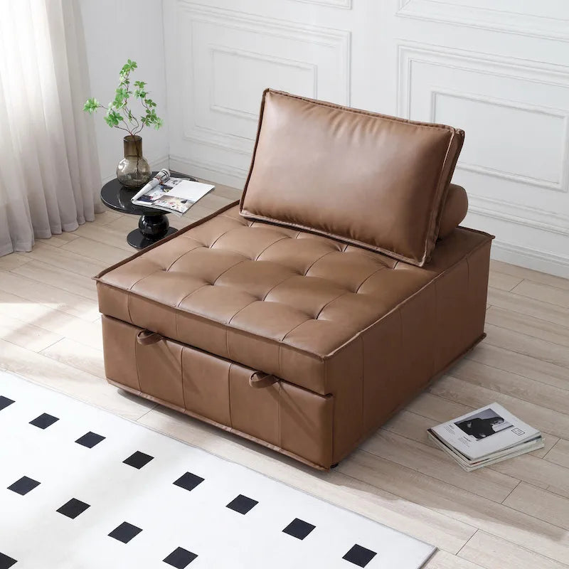Canapé-lit ottoman 3-en-1 en similicuir marron/gris foncé, une place