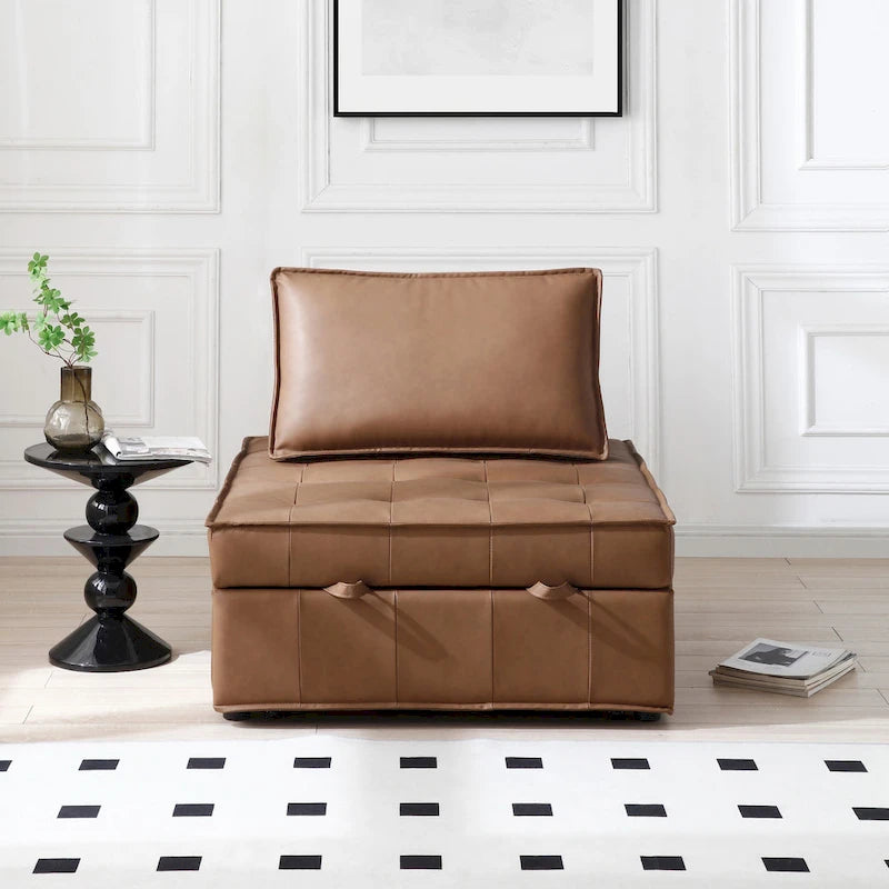 Canapé-lit ottoman 3-en-1 en similicuir marron/gris foncé, une place