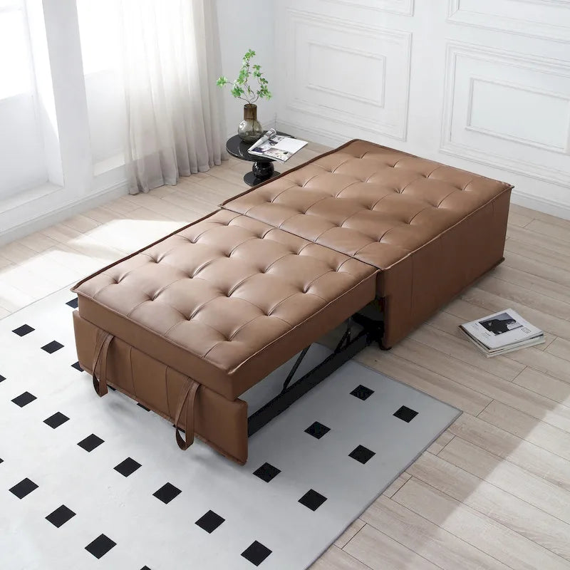 Canapé-lit ottoman 3-en-1 en similicuir marron/gris foncé, une place
