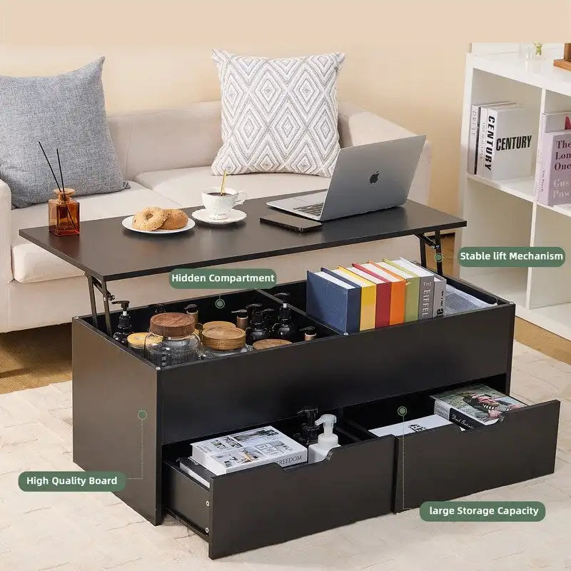Table basse marron relevable avec rangement caché et 2 tiroirs, 1 à 4 personnes