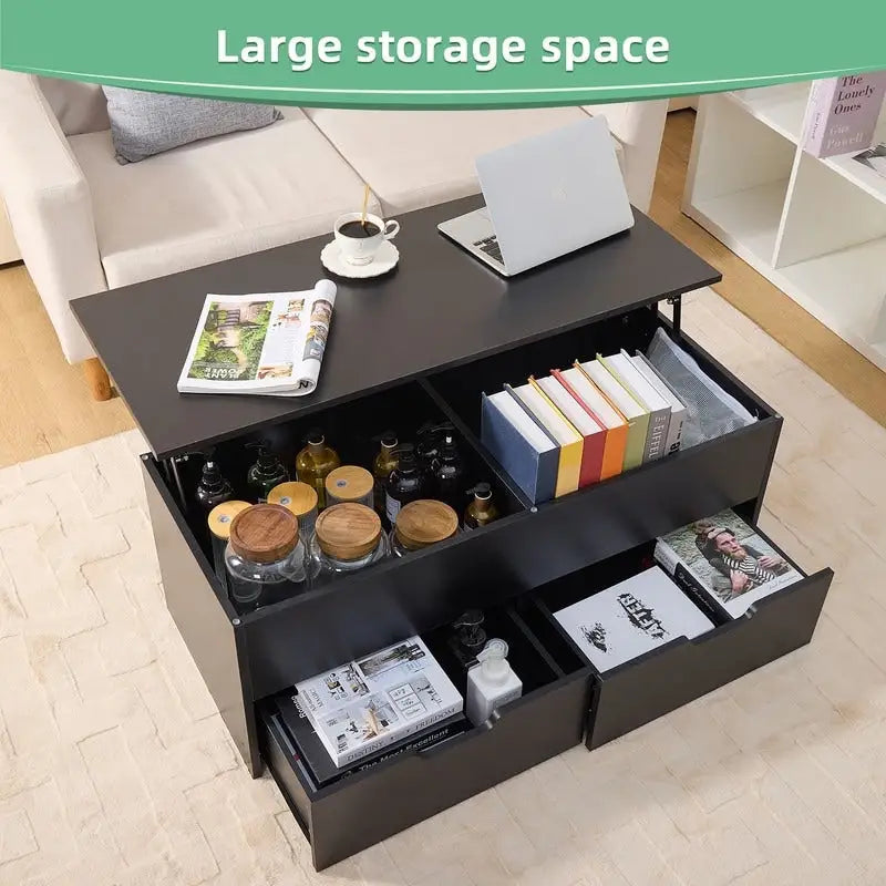 Table basse marron relevable avec rangement caché et 2 tiroirs, 1 à 4 personnes
