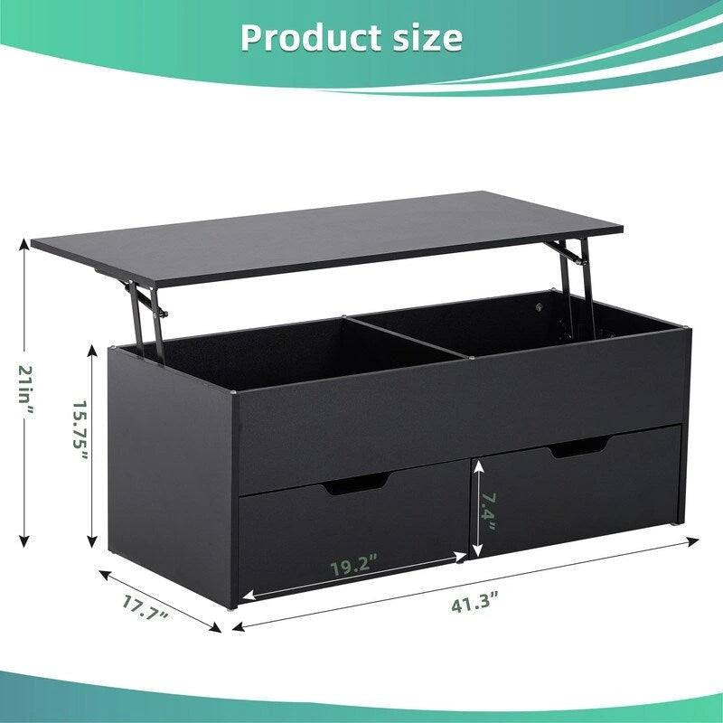 Table basse marron relevable avec rangement caché et 2 tiroirs, 1 à 4 personnes