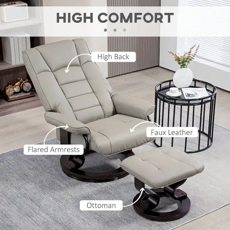 Fauteuil inclinable pivotant en similicuir gris et marron avec pouf, une place