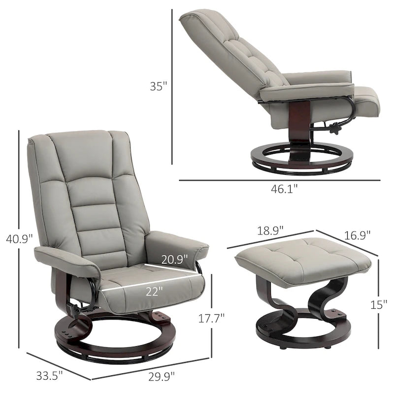 Fauteuil inclinable pivotant en similicuir gris et marron avec pouf, une place