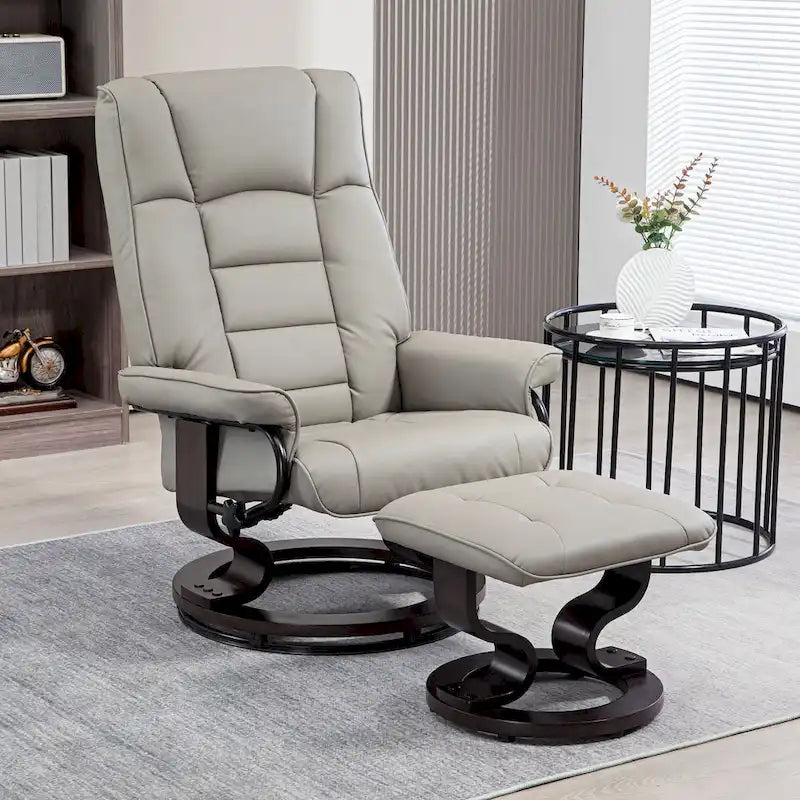 Fauteuil inclinable pivotant en similicuir gris et marron avec pouf, une place