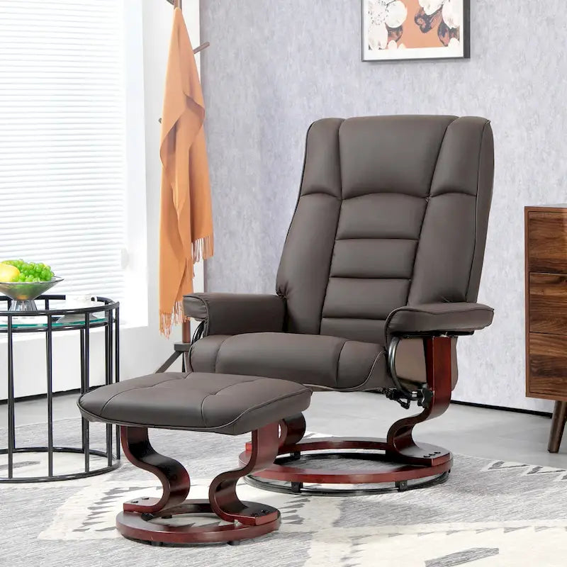 Fauteuil inclinable pivotant en similicuir gris et marron avec pouf, une place
