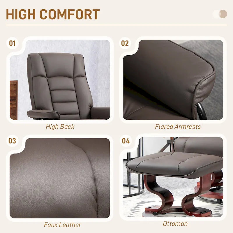 Fauteuil inclinable pivotant en similicuir gris et marron avec pouf, une place