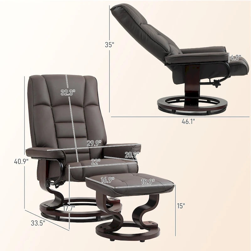 Fauteuil inclinable pivotant en similicuir gris et marron avec pouf, une place