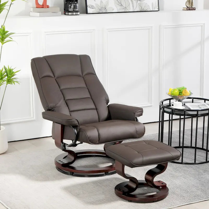 Fauteuil inclinable pivotant en similicuir gris et marron avec pouf, une place