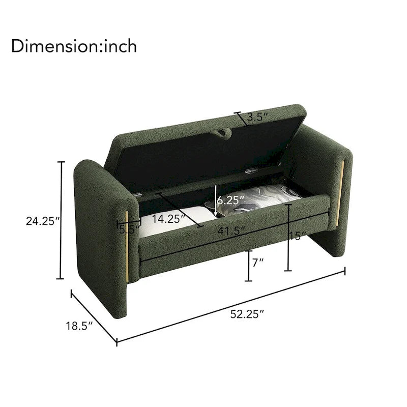 Banc de rangement rembourré 1 place avec accoudoirs, vert olive / café / gris / crème