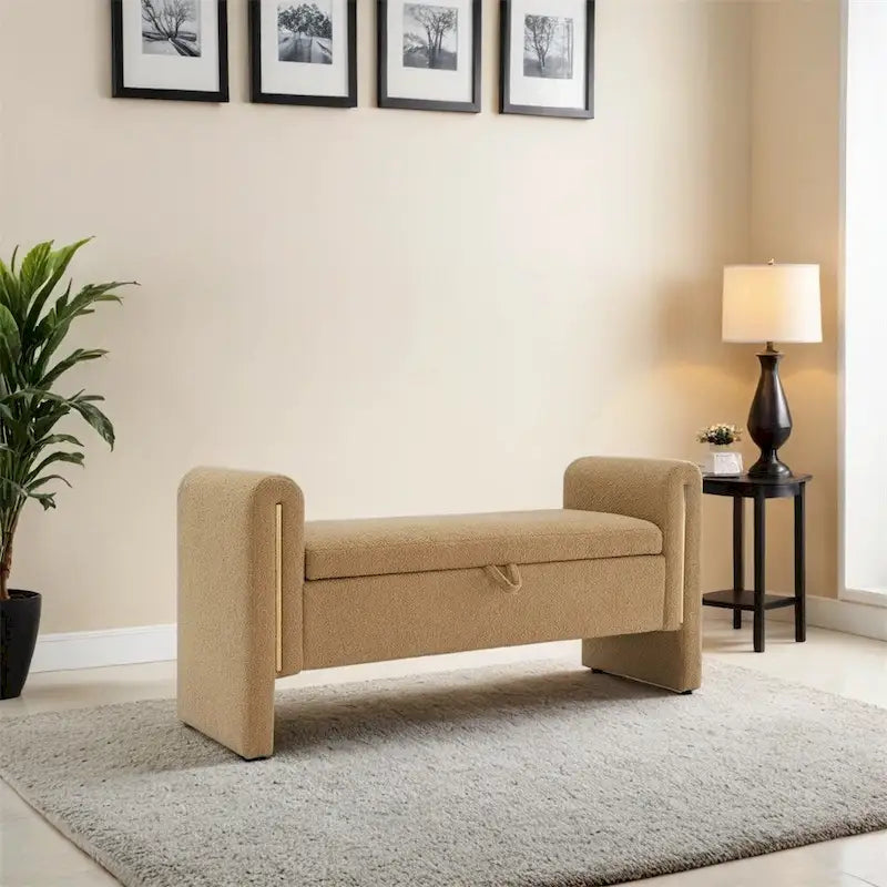 Banc de rangement rembourré 1 place avec accoudoirs, vert olive / café / gris / crème