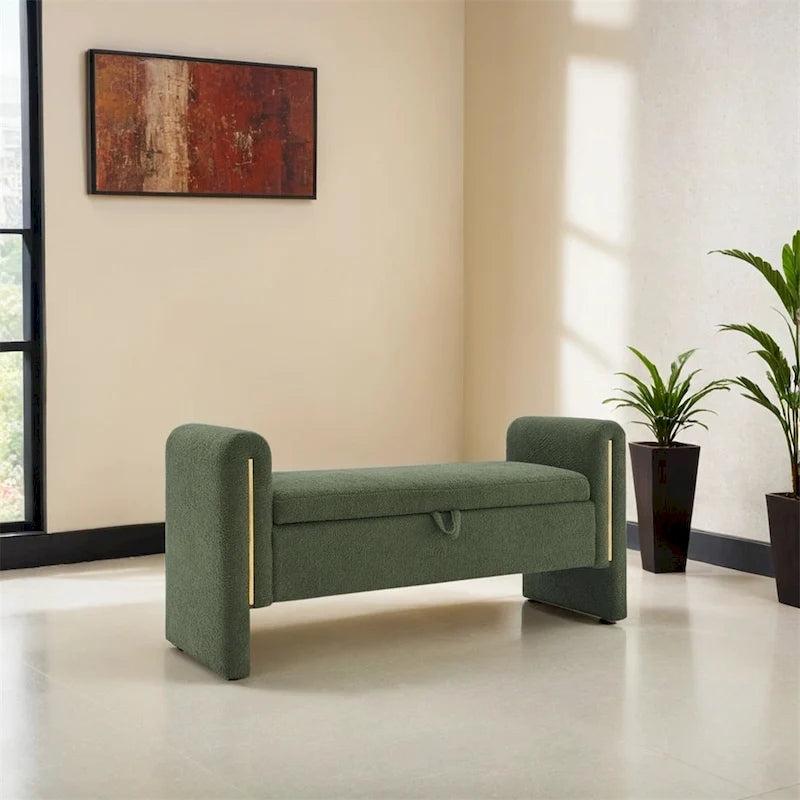 Banc de rangement rembourré 1 place avec accoudoirs, vert olive / café / gris / crème