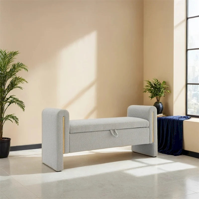 Banc de rangement rembourré 1 place avec accoudoirs, vert olive / café / gris / crème
