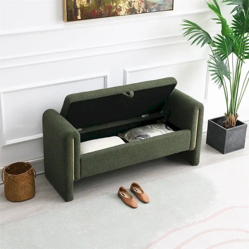 Banc de rangement rembourré 1 place avec accoudoirs, vert olive / café / gris / crème