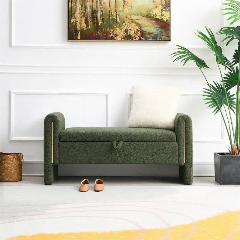 Banc de rangement rembourré 1 place avec accoudoirs, vert olive / café / gris / crème