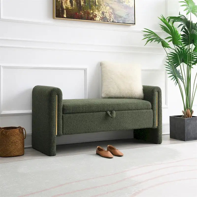 Banc de rangement rembourré 1 place avec accoudoirs, vert olive / café / gris / crème