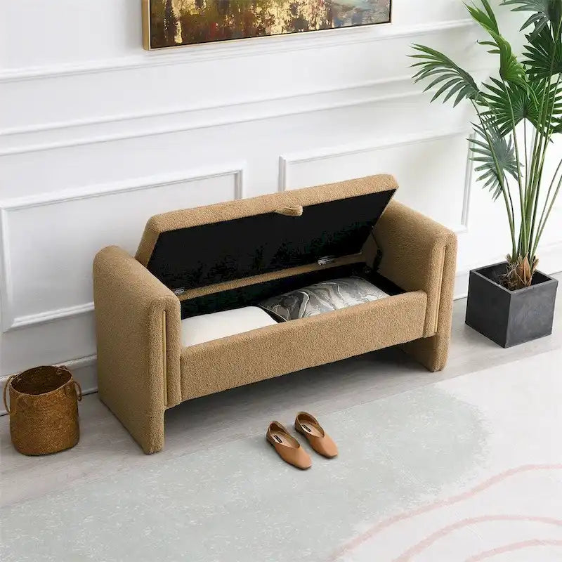 Banc de rangement rembourré 1 place avec accoudoirs, vert olive / café / gris / crème