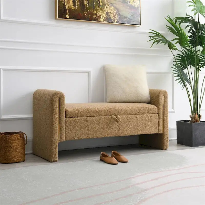 Banc de rangement rembourré 1 place avec accoudoirs, vert olive / café / gris / crème