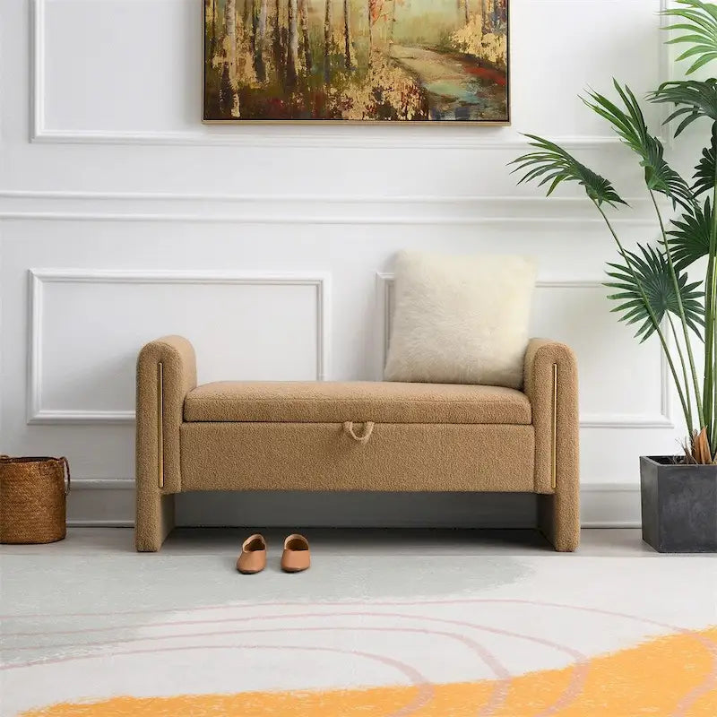 Banc de rangement rembourré 1 place avec accoudoirs, vert olive / café / gris / crème