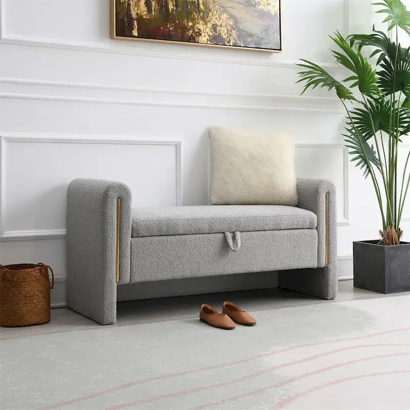 Banc de rangement rembourré 1 place avec accoudoirs, vert olive / café / gris / crème