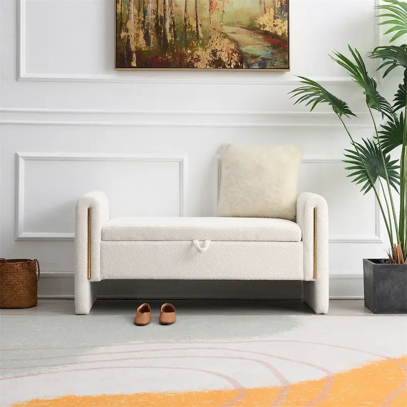 Banc de rangement rembourré 1 place avec accoudoirs, vert olive / café / gris / crème
