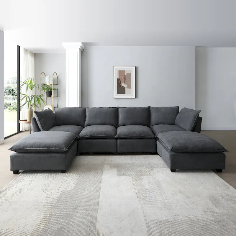 Canapé sectionnel modulaire, tissu lin, en L/U, 4 à 5 places