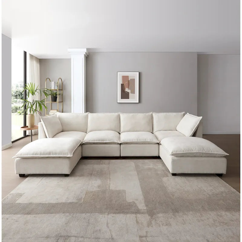 Canapé sectionnel modulaire, tissu lin, en L/U, 4 à 5 places
