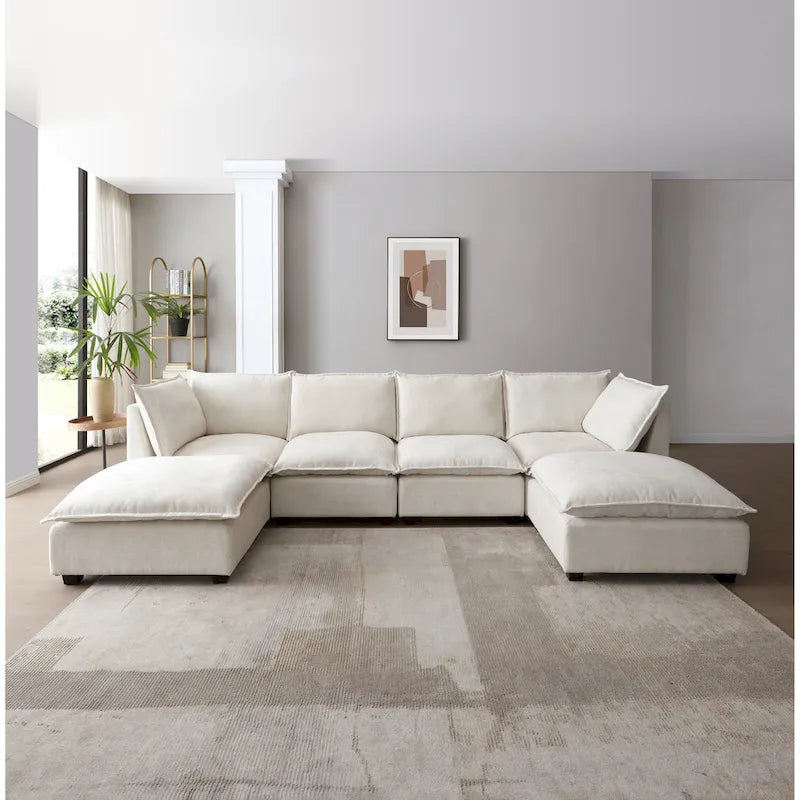 Canapé sectionnel modulaire, tissu lin, en L/U, 4 à 5 places
