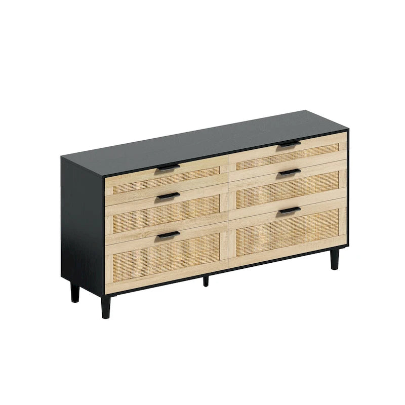 Commode 6 tiroirs en rotin, noir/blanc/chêne, simple