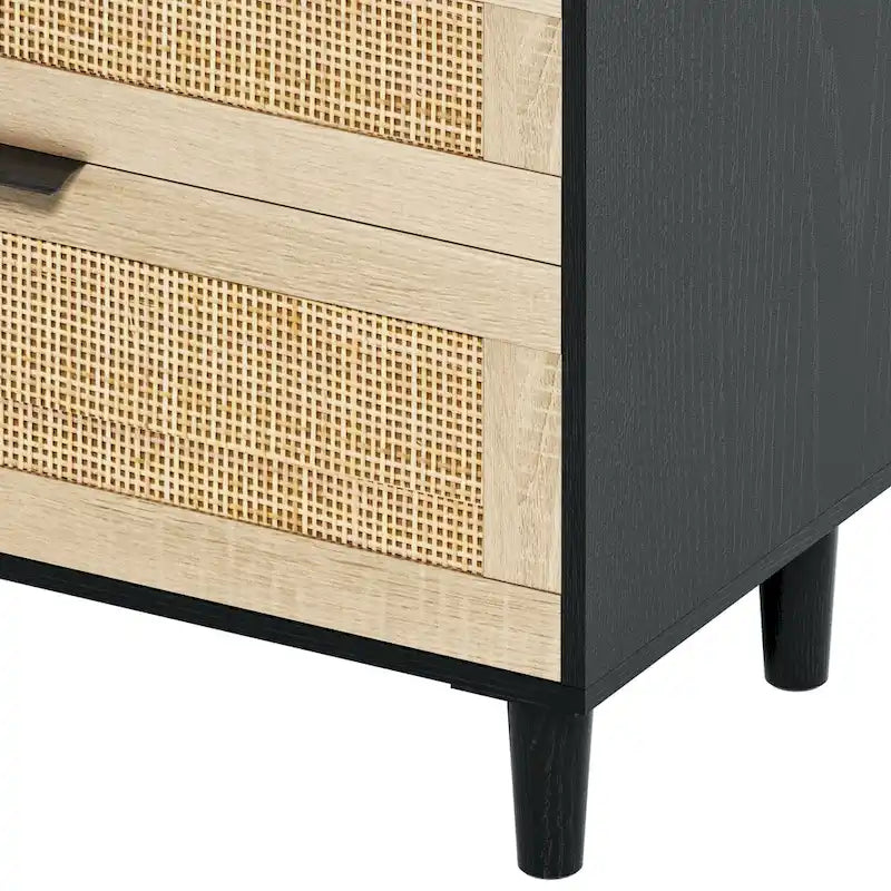 Commode 6 tiroirs en rotin, noir/blanc/chêne, simple