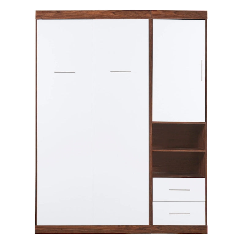 Lit escamotable mural double blanc avec armoire latérale, 1 couchage