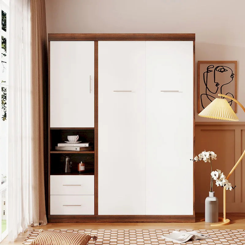 Lit escamotable mural double blanc avec armoire latérale, 1 couchage