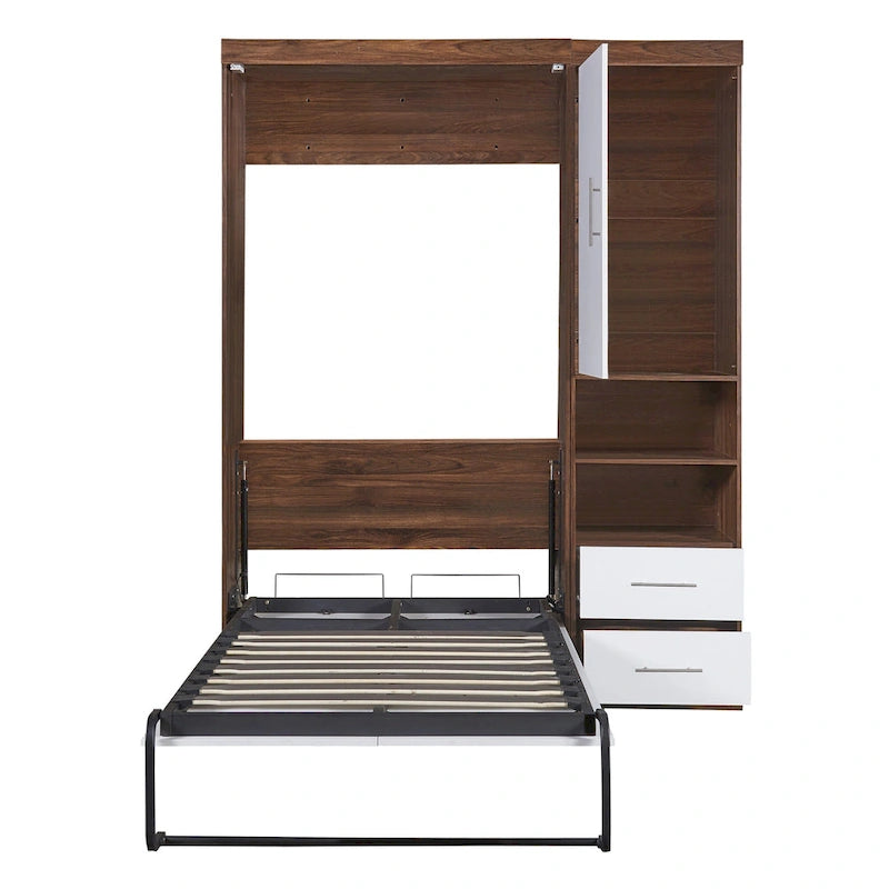 Lit escamotable mural double blanc avec armoire latérale, 1 couchage