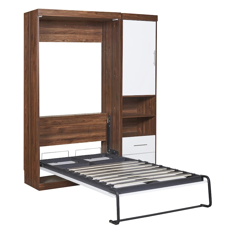 Lit escamotable mural double blanc avec armoire latérale, 1 couchage