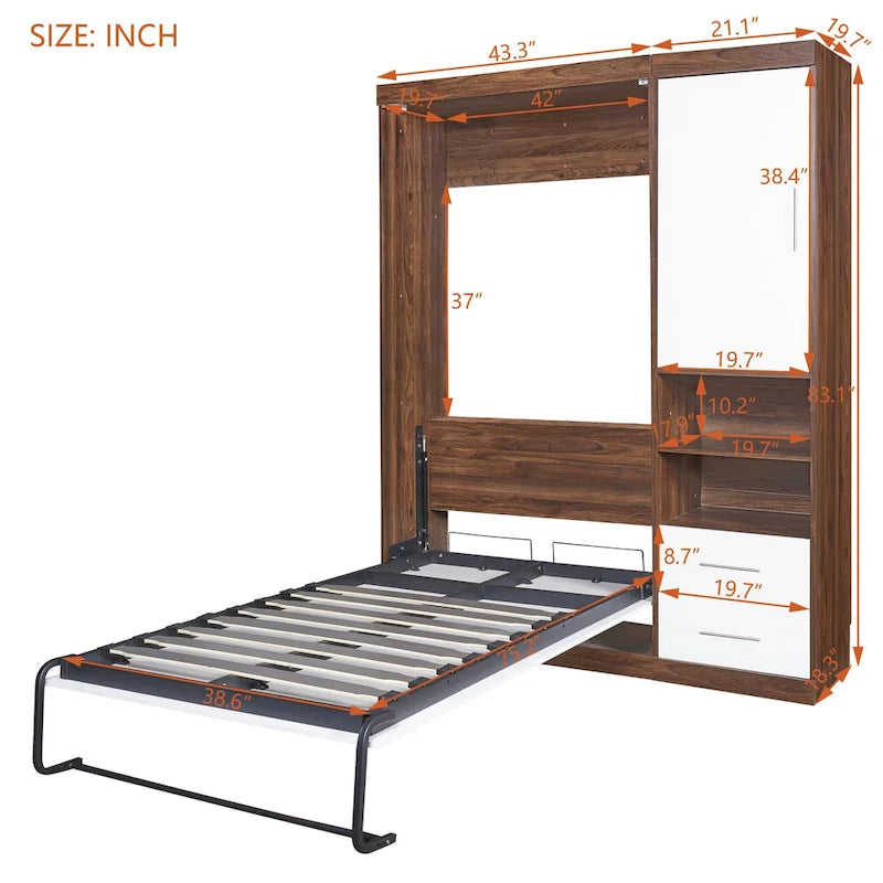 Lit escamotable mural double blanc avec armoire latérale, 1 couchage