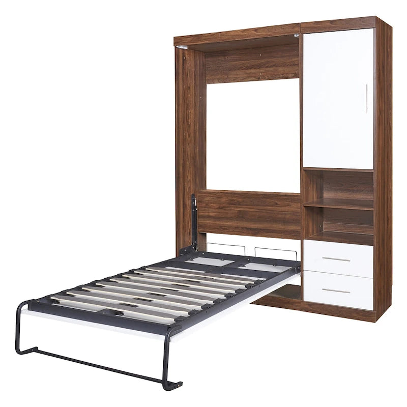 Lit escamotable mural double blanc avec armoire latérale, 1 couchage