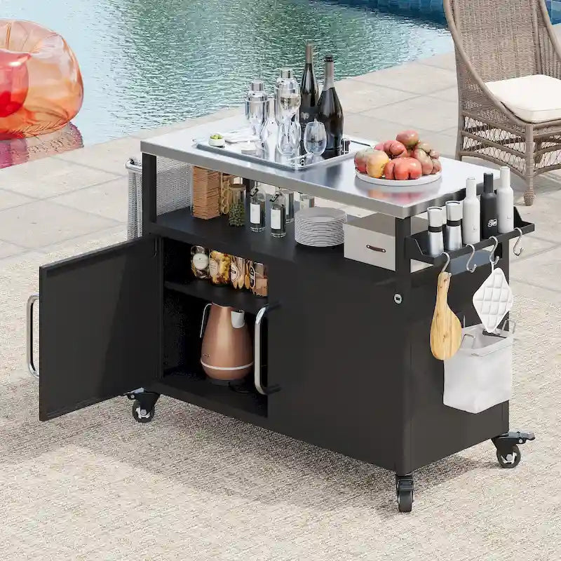 Chariot de cuisine extérieur noir, plateau en acier inoxydable, 1 personne, 138,4 cm
